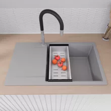 HD Onyx Grey 86-XL egymedencés gránit mosogatótálca szett, csepegtetőtálcával, vágódeszkával, acél csepegtetőkosárral, alpesi szürke színben, szálcsiszolt króm leeresztő szifonnal