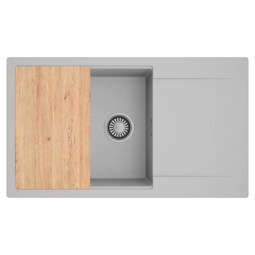 HD Onyx Grey 86-XL egymedencés gránit mosogatótálca, vágódeszkával, alpesi szürke színben, szálcsiszolt króm leeresztő szifonnal