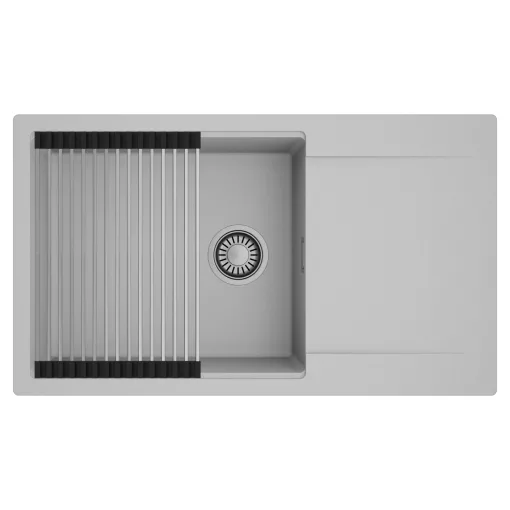 HD Onyx Grey 86-XL egymedencés mosogatótálca szett, acél csepegtetőráccsal, csepegtetőtálcával, alpesi szürke színben, szálcsiszolt króm leeresztő szifonnal