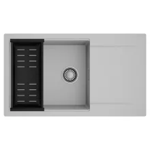 HD Onyx Grey 86-XL egymedencés mosogatótálca szett, matt fekete csepegtetőkosárral, csepegtetőtálcával, alpesi szürke színben, szálcsiszolt króm leeresztő szifonnal