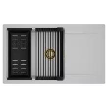 HD Onyx Grey 86-XL egymedencés mosogatótálca szett, matt fekete csepegtetőráccsal és kosárral, csepegtetőtálcával, alpesi szürke színben, szálcsiszolt arany leeresztő szifonnal