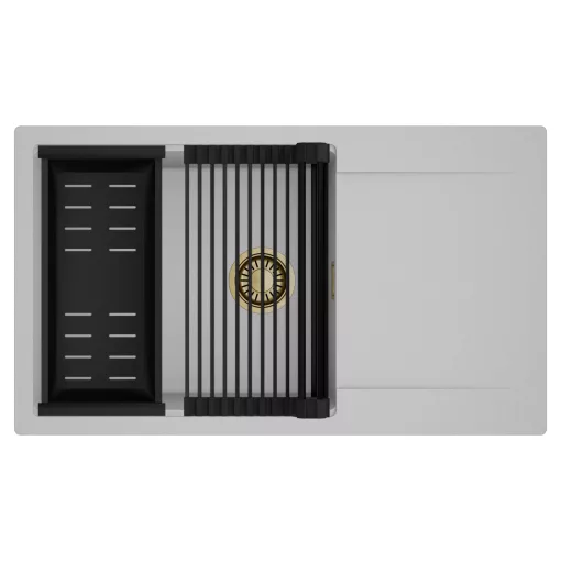 HD Onyx Grey 86-XL egymedencés mosogatótálca szett, matt fekete csepegtetőráccsal és kosárral, csepegtetőtálcával, alpesi szürke színben, szálcsiszolt arany leeresztő szifonnal