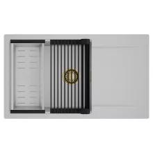 HD Onyx Grey 86-XL egymedencés mosogatótálca szett, matt fekete csepegtetőráccsal és krómozott kosárral, csepegtetőtálcával, alpesi szürke színben, szálcsiszolt arany leeresztő szifonnal