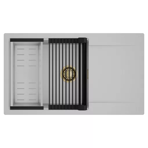 HD Onyx Grey 86-XL egymedencés mosogatótálca szett, matt fekete csepegtetőráccsal és krómozott kosárral, csepegtetőtálcával, alpesi szürke színben, szálcsiszolt arany leeresztő szifonnal