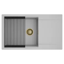 HD Onyx Grey 86-XL egymedencés mosogatótálca szett, matt fekete csepegtetőráccsal, csepegtetőtálcával, alpesi szürke színben, szálcsiszolt arany leeresztő szifonnal