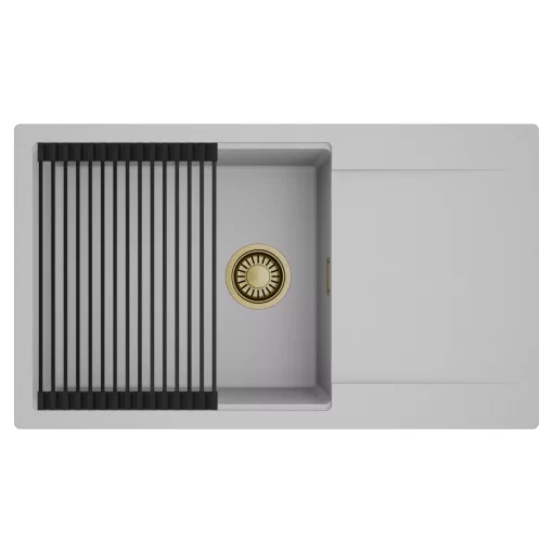 HD Onyx Grey 86-XL egymedencés mosogatótálca szett, matt fekete csepegtetőráccsal, csepegtetőtálcával, alpesi szürke színben, szálcsiszolt arany leeresztő szifonnal