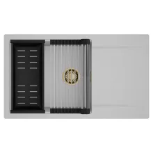 HD Onyx Grey 86-XL egymedencés mosogatótálca szett, acél csepegtetőráccsal és matt fekete kosárral, csepegtetőtálcával, alpesi szürke színben, szálcsiszolt arany leeresztő szifonnal