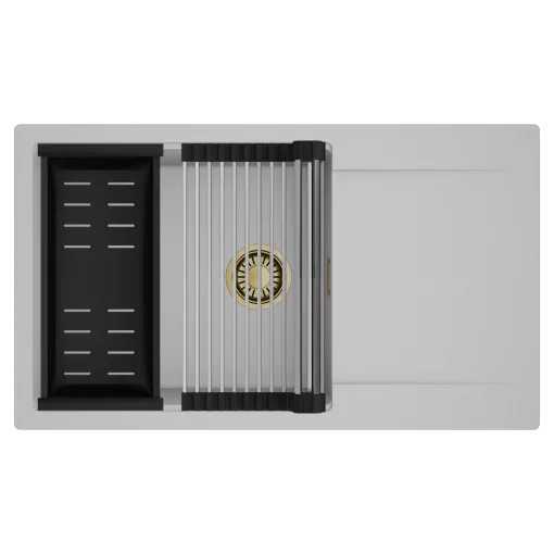 HD Onyx Grey 86-XL egymedencés mosogatótálca szett, acél csepegtetőráccsal és matt fekete kosárral, csepegtetőtálcával, alpesi szürke színben, szálcsiszolt arany leeresztő szifonnal