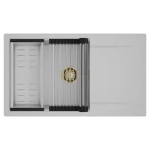 HD Onyx Grey 86-XL egymedencés mosogatótálca szett, acél csepegtetőráccsal és kosárral, csepegtetőtálcával, alpesi szürke színben, szálcsiszolt arany leeresztő szifonnal