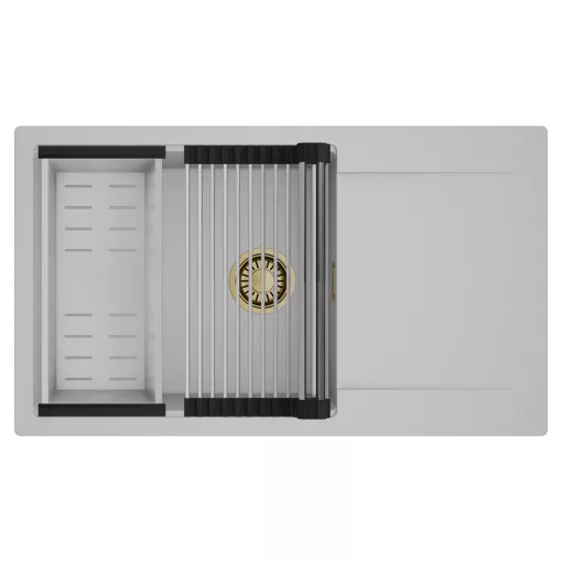 HD Onyx Grey 86-XL egymedencés mosogatótálca szett, acél csepegtetőráccsal és kosárral, csepegtetőtálcával, alpesi szürke színben, szálcsiszolt arany leeresztő szifonnal