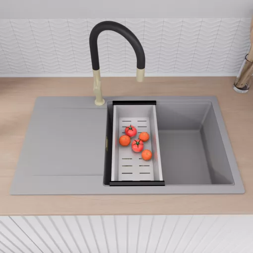 HD Onyx Grey 86-XL egymedencés mosogatótálca szett, acél csepegtetőráccsal és kosárral, csepegtetőtálcával, alpesi szürke színben, szálcsiszolt arany leeresztő szifonnal