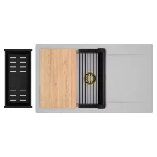 HD Onyx Grey 86-XL egymedencés gránit mosogatótálca szett, csepegtetőtálcával, vágódeszkával, matt fekete csepegtetőráccsal és kosárral, alpesi szürke színben, szálcsiszolt arany leeresztő szifonnal