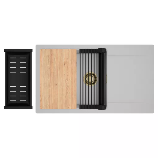 HD Onyx Grey 86-XL egymedencés gránit mosogatótálca szett, csepegtetőtálcával, vágódeszkával, matt fekete csepegtetőráccsal és kosárral, alpesi szürke színben, szálcsiszolt arany leeresztő szifonnal