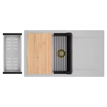 HD Onyx Grey 86-XL egymedencés gránit mosogatótálca szett, csepegtetőtálcával, vágódeszkával, matt fekete csepegtetőráccsal és krómozott kosárral, alpesi szürke színben, szálcsiszolt arany leeresztő szifonnal