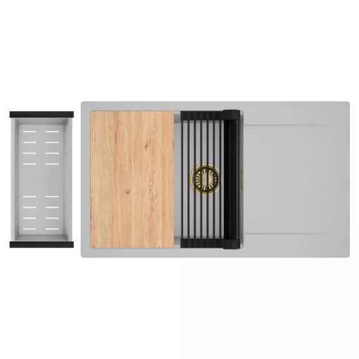 HD Onyx Grey 86-XL egymedencés gránit mosogatótálca szett, csepegtetőtálcával, vágódeszkával, matt fekete csepegtetőráccsal és krómozott kosárral, alpesi szürke színben, szálcsiszolt arany leeresztő szifonnal