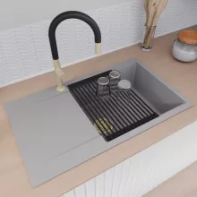 HD Onyx Grey 86-XL egymedencés gránit mosogatótálca szett, csepegtetőtálcával, vágódeszkával, matt fekete csepegtetőráccsal és krómozott kosárral, alpesi szürke színben, szálcsiszolt arany leeresztő szifonnal