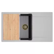 HD Onyx Grey 86-XL egymedencés gránit mosogatótálca szett, csepegtetőtálcával, vágódeszkával, matt fekete csepegtetőráccsal, alpesi szürke színben, szálcsiszolt arany leeresztő szifonnal