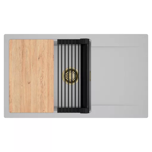 HD Onyx Grey 86-XL egymedencés gránit mosogatótálca szett, csepegtetőtálcával, vágódeszkával, matt fekete csepegtetőráccsal, alpesi szürke színben, szálcsiszolt arany leeresztő szifonnal