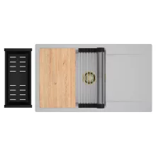 HD Onyx Grey 86-XL egymedencés gránit mosogatótálca szett, csepegtetőtálcával, vágódeszkával, acél csepegtetőráccsal és matt fekete kosárral, alpesi szürke színben, szálcsiszolt arany leeresztő szifonnal