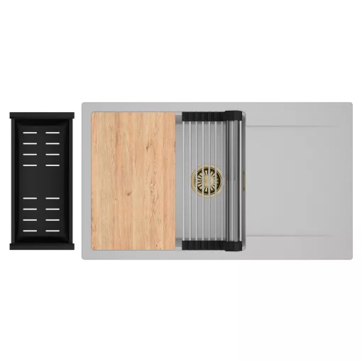 HD Onyx Grey 86-XL egymedencés gránit mosogatótálca szett, csepegtetőtálcával, vágódeszkával, acél csepegtetőráccsal és matt fekete kosárral, alpesi szürke színben, szálcsiszolt arany leeresztő szifonnal