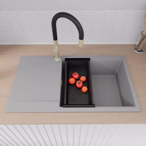 HD Onyx Grey 86-XL egymedencés gránit mosogatótálca szett, csepegtetőtálcával, vágódeszkával, acél csepegtetőráccsal és matt fekete kosárral, alpesi szürke színben, szálcsiszolt arany leeresztő szifonnal