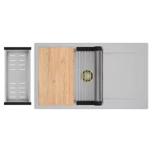 HD Onyx Grey 86-XL egymedencés gránit mosogatótálca szett, csepegtetőtálcával, vágódeszkával, acél csepegtetőráccsal és kosárral, alpesi szürke színben, szálcsiszolt arany leeresztő szifonnal