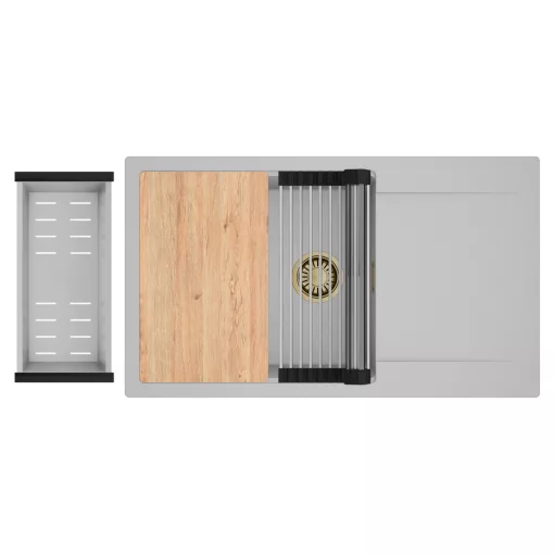 HD Onyx Grey 86-XL egymedencés gránit mosogatótálca szett, csepegtetőtálcával, vágódeszkával, acél csepegtetőráccsal és kosárral, alpesi szürke színben, szálcsiszolt arany leeresztő szifonnal