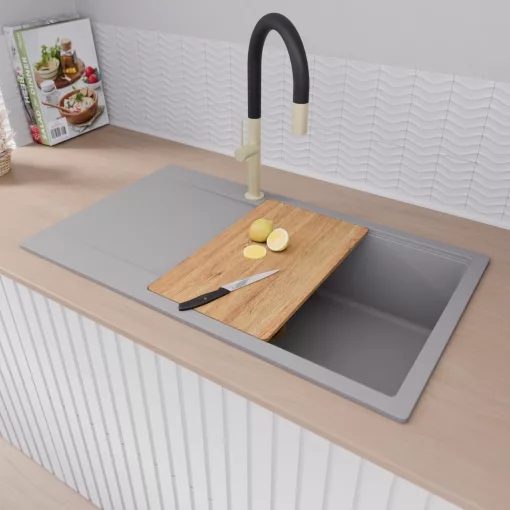 HD Onyx Grey 86-XL egymedencés gránit mosogatótálca szett, csepegtetőtálcával, vágódeszkával, acél csepegtetőráccsal és kosárral, alpesi szürke színben, szálcsiszolt arany leeresztő szifonnal