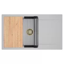 HD Onyx Grey 86-XL egymedencés gránit mosogatótálca szett, csepegtetőtálcával, vágódeszkával, acél csepegtetőráccsal, alpesi szürke színben, szálcsiszolt arany leeresztő szifonnal