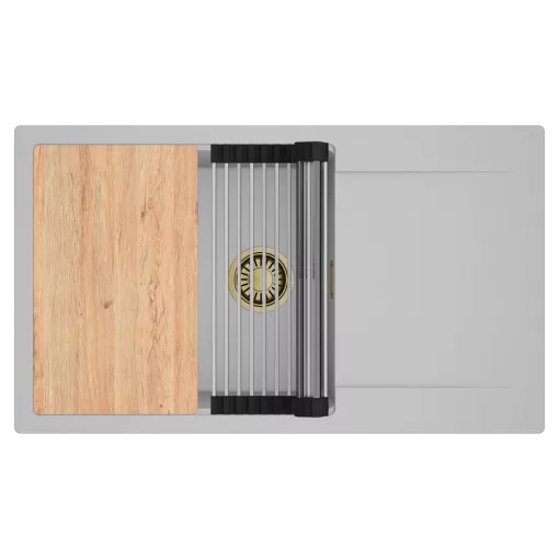 HD Onyx Grey 86-XL egymedencés gránit mosogatótálca szett, csepegtetőtálcával, vágódeszkával, acél csepegtetőráccsal, alpesi szürke színben, szálcsiszolt arany leeresztő szifonnal