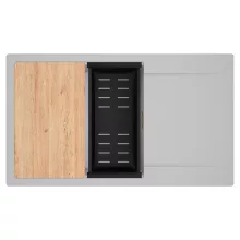 HD Onyx Grey 86-XL egymedencés gránit mosogatótálca szett, csepegtetőtálcával, vágódeszkával, matt fekete csepegtetőkosárral, alpesi szürke színben, szálcsiszolt arany leeresztő szifonnal