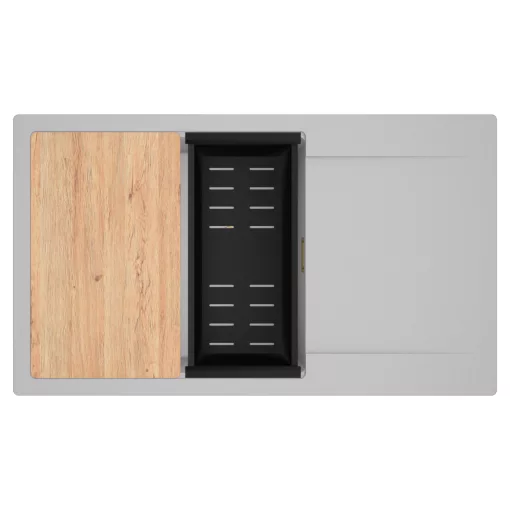 HD Onyx Grey 86-XL egymedencés gránit mosogatótálca szett, csepegtetőtálcával, vágódeszkával, matt fekete csepegtetőkosárral, alpesi szürke színben, szálcsiszolt arany leeresztő szifonnal