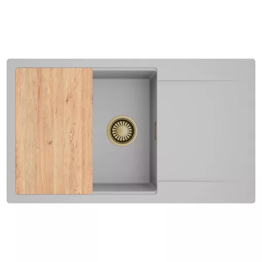 HD Onyx Grey 86-XL egymedencés gránit mosogatótálca, vágódeszkával, alpesi szürke színben, szálcsiszolt arany leeresztő szifonnal