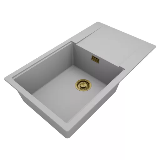 HD Onyx Grey 86-XL egymedencés gránit mosogatótálca, vágódeszkával, alpesi szürke színben, szálcsiszolt arany leeresztő szifonnal