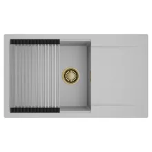 HD Onyx Grey 86-XL egymedencés mosogatótálca szett, acél csepegtetőráccsal, csepegtetőtálcával, alpesi szürke színben, szálcsiszolt arany leeresztő szifonnal