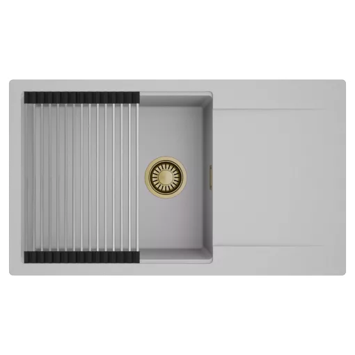 HD Onyx Grey 86-XL egymedencés mosogatótálca szett, acél csepegtetőráccsal, csepegtetőtálcával, alpesi szürke színben, szálcsiszolt arany leeresztő szifonnal