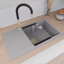 HD Onyx Grey 86-XL egymedencés mosogatótálca szett, acél csepegtetőráccsal, csepegtetőtálcával, alpesi szürke színben, szálcsiszolt arany leeresztő szifonnal