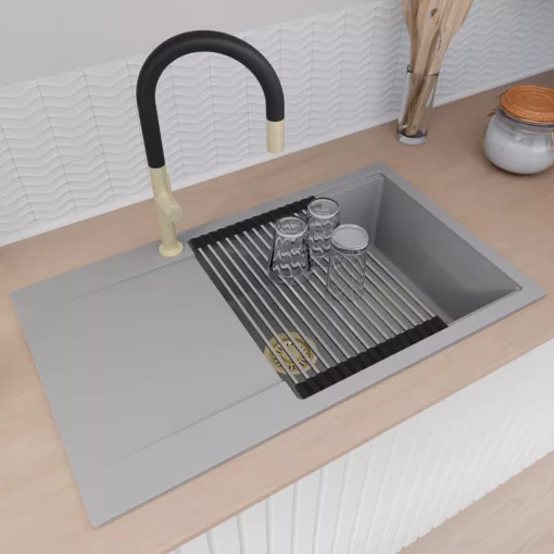 HD Onyx Grey 86-XL egymedencés mosogatótálca szett, acél csepegtetőráccsal, csepegtetőtálcával, alpesi szürke színben, szálcsiszolt arany leeresztő szifonnal