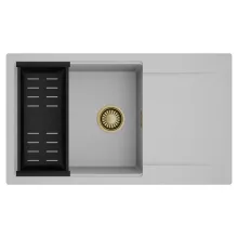 HD Onyx Grey 86-XL egymedencés mosogatótálca szett, matt fekete csepegtetőkosárral, csepegtetőtálcával, alpesi szürke színben, szálcsiszolt arany leeresztő szifonnal