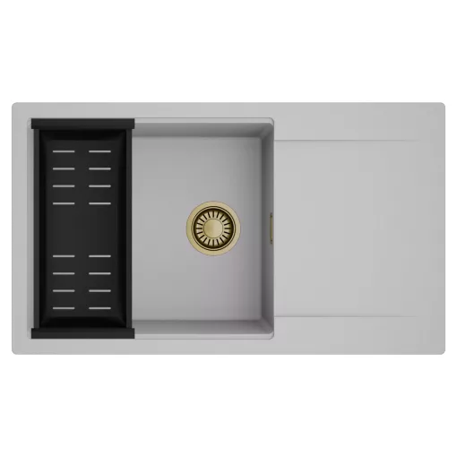 HD Onyx Grey 86-XL egymedencés mosogatótálca szett, matt fekete csepegtetőkosárral, csepegtetőtálcával, alpesi szürke színben, szálcsiszolt arany leeresztő szifonnal