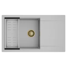 HD Onyx Grey 86-XL egymedencés mosogatótálca szett, acél csepegtetőkosárral, csepegtetőtálcával, alpesi szürke színben, szálcsiszolt arany leeresztő szifonnal