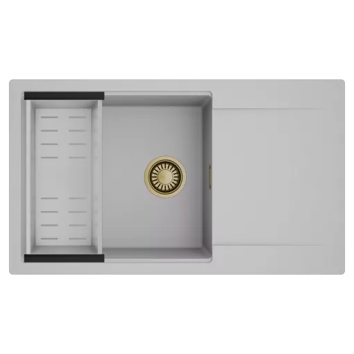 HD Onyx Grey 86-XL egymedencés mosogatótálca szett, acél csepegtetőkosárral, csepegtetőtálcával, alpesi szürke színben, szálcsiszolt arany leeresztő szifonnal
