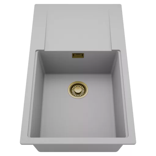 HD Onyx Grey 86-XL egymedencés mosogatótálca, csepegtetőtálcával, alpesi szürke színben, szálcsiszolt arany leeresztő szifonnal