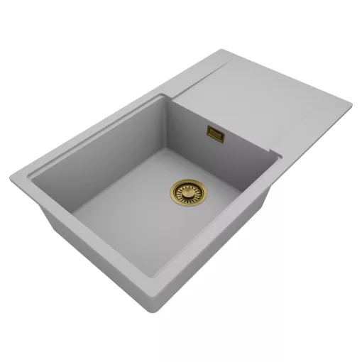 HD Onyx Grey 86-XL egymedencés mosogatótálca, csepegtetőtálcával, alpesi szürke színben, szálcsiszolt arany leeresztő szifonnal