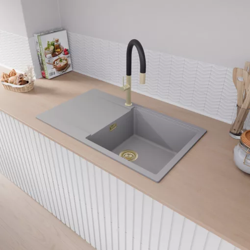 HD Onyx Grey 86-XL egymedencés mosogatótálca, csepegtetőtálcával, alpesi szürke színben, szálcsiszolt arany leeresztő szifonnal