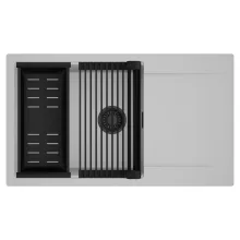 HD Onyx Grey 86-XL egymedencés mosogatótálca szett, matt fekete csepegtetőráccsal és kosárral, csepegtetőtálcával, alpesi szürke színben, matt fekete leeresztő szifonnal