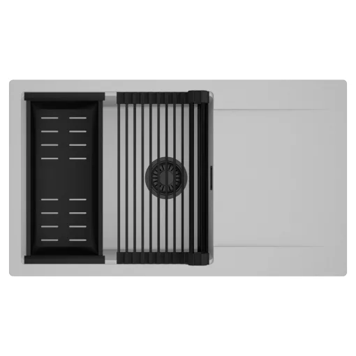 HD Onyx Grey 86-XL egymedencés mosogatótálca szett, matt fekete csepegtetőráccsal és kosárral, csepegtetőtálcával, alpesi szürke színben, matt fekete leeresztő szifonnal