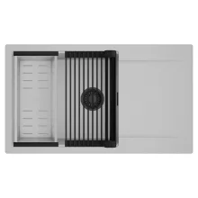 HD Onyx Grey 86-XL egymedencés mosogatótálca szett, matt fekete csepegtetőráccsal és krómozott kosárral, csepegtetőtálcával, alpesi szürke színben, matt fekete leeresztő szifonnal