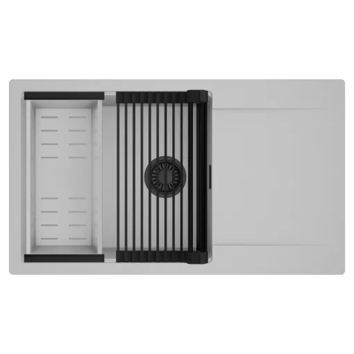 HD Onyx Grey 86-XL egymedencés mosogatótálca szett, matt fekete csepegtetőráccsal és krómozott kosárral, csepegtetőtálcával, alpesi szürke színben, matt fekete leeresztő szifonnal