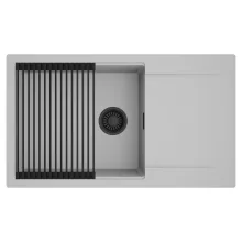 HD Onyx Grey 86-XL egymedencés mosogatótálca szett, matt fekete csepegtetőráccsal, csepegtetőtálcával, alpesi szürke színben, matt fekete leeresztő szifonnal